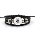 Detail view of Route 66 multi-layer braided leather bracelet with glass cabochon logo - Get Your Kicks Route 66 Style (PSXL001195-14)