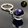 Vista macro laterale del portachiavi Bilancia con sfera di vetro luminosa e anello in metallo - Bilancia