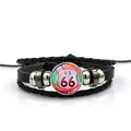 Detail of multi-layer leather Route 66 bracelet with glass dome and woven bands - Shield Logo US 66 Red Purple Style (PSXL001195-20)