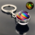 Detailed view of luminous planetary glass keychain with glowing rainbow galaxy pattern - Galaxy 16 (PSXL001206-16)