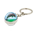 Round glass dolphin keychain with silver metal base and vibrant ocean scene design - Jumping Dolphin Pattern (PSXL001187-8)