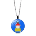 Macro view of blue gemstone pendant necklace featuring colorful pagoda and mantra text - Blue Pagoda Stupa Style (PSXL001471-6)