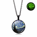 Luminous Van Gogh Starry Night glass pendant necklace with green glow in the dark effect - Black