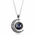 Detailed macro view of Triple Moon Goddess necklace with silver crescent moon and glass cabochon - Purple Nebula Triple Moon with Pentagram (XSWX2860-4)