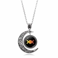 Detail showing the silver triple moon goddess pendant with intricate hollow carvings - Black Base Yellow-Orange Gradient Triple Moon (XSWX2860-9)