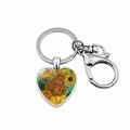 Close-up of heart-shaped keychain featuring Van Gogh sunflower art on a silver lobster clasp - Sunflowers Style 2 (PSXL001824-6)