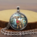 Vintage Steampunk Mechanische Katze Halskette mit Bronzezahnrädern und rosa Edelstein - Silber