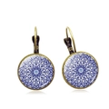 Bohemian mandala yoga charm earrings with blue and white pattern in bronze setting - Blue-White Symmetrical Mandala Flower Style (PSXL002092-12)