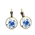 Detailed view of vintage bohemian round earrings with blue peony porcelain pattern - Blue Peony Porcelain Style (PSXL002092-5)