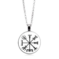 Macro detail of silver Viking Vegvisir compass pendant necklace with glass dome inlay - Black Base Viking Compass (PSXL002157-10)