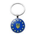Detail of metal keychain with blue enamel Ukraine trident and yellow stars design - EU Stars Tryzub Style (PSXL002166-12)