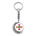 Detailed macro view of rotating silver metal keychain with Ukrainian coat of arms and moon - Military Winged Sword Theme Style(XSWX4484-10)