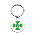 Detailed macro view of silver metal keychain with Ukrainian coat of arms trident emblem - Yellow Edged Green Cross Style (XSWX4475-9)