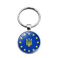 Detailed close-up of a metal Ukraine keychain with trident logo and stars in blue and yellow - EU Stars Ukraine Emblem Style (XSWX4475-12)