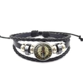 Black multilayer leather bracelet featuring a Viking compass charm and woven beaded details - Sword And Wings Style (XSWX4426-5)
