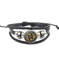 Multi-layer black leather bracelet featuring a golden Fenrir wolf coin with Norse runes - Golden Double Wolf Style (XSWX4426-6)