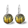 Silver Tree of Life leverback earrings with vintage glass cabochon art design - Vintage Gold Forest Style (XSWX2771-5)