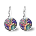 Detailed shot of silver tree of life earrings with colorful heart-shaped leaves - Multicolored Heart Tree Style (XSWX2771-1)