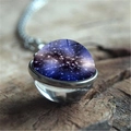Double-sided galaxy planet glass ball pendant necklace with silver chain on wood - Deep Blue Galaxy Style (XSWX0941-3)