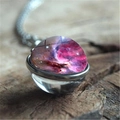 Pink galaxy nebula double-sided glass pendant necklace with silver chain on wood - Pink Purple Nebula Style (XSWX0941-5)