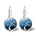 Silver tree of life cabochon earrings with deep blue background and French hooks - White Tree On Navy Blue Style (XSWX2771-12)