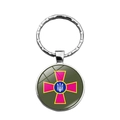Silver metal keychain featuring Ukraine coat of arms with glass dome on white background - Olive Green Pink Cross Trident Style (XSWX4475-5)