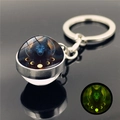 Luminous wolf totem glass ball keychain with polished silver metal base and glowing green effect - B&W Wolf Style 9 (XSWX2471-9)