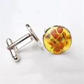 Close-up of silver cufflinks featuring Van Gogh Sunflowers art under glass dome - Sunflowers Variant Style (XSWX2757-9) / Silver
