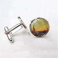 Detailed close-up of Van Gogh Art cufflinks featuring starry night design on silver metal base - Moon and Mountains Style (XSWX2757-7) / Silver
