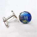 Detail of Starry Night glass dome cufflinks with silver polished metal T-back closure - Starry Night Over the Rhone Style (XSWX2757-5) / Silver