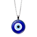 Close-up of Turkish Evil Eye pendant with blue concentric circles on silver chain - Mandala Eye Style (XSWX4304-1-Silver)
