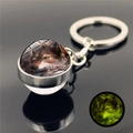 Luminous wolf dreamcatcher keychain with glow-in-the-dark glass cabochon and silver ring - Pink Floral Wolf Pattern 6 (XSWX2471-6)
