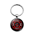 Detalle de llavero de bomberos plateado con cúpula de cristal y emblema de cruz maltesa - Estilo Rojo Negro Fire Dept (XSWX2843-4)