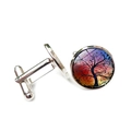 Silver tree of life cufflinks with glass dome and purple gradient galaxy art design - Dreamy Colors Tree Of Life (XSWX2737-13)