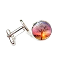 Polished silver tree of life cufflinks with pink cherry blossom silhouette design - Sakura Silhouette Tree Of Life (XSWX2737-14)
