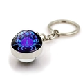 Cancer zodiac keychain with blue luminous double-sided glass ball and silver metal ring - Cancer