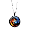 Close-up of Yin Yang glass pendant with fire and ice artwork on a silver chain - Ice & Fire Vortex Tai Chi Style (XSWX4415-11) / Silver