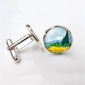 Silver men's cufflinks with Van Gogh Wheat Field with Cypresses art glass dome - Wheat Field with Cypresses Style (XSWX2757-1) / Silver