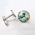 Silver cufflinks with Great Wave off Kanagawa art under circular glass dome - The Great Wave off Kanagawa Style (XSWX2757-10) / Silver