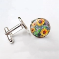 Men's silver cufflinks featuring Van Gogh's Sunflowers art under a glass cabochon - Impressionist Sunflowers Style (XSWX2757-11) / Silver