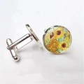 Silver men's cufflinks featuring Van Gogh Sunflowers glass cabochon art design - Van Gogh Sunflowers Classic Style (XSWX2757-12) / Silver