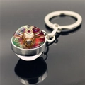 Macro detail of a Taurus zodiac glass ball keychain with a silver metal ring and chain - Taurus