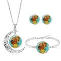 Silver jewelry set with Van Gogh Sunflower art including necklace, bracelet and earrings - Yellow Sunflowers Style (S7879-5)