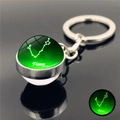 Luminous Pisces zodiac crystal glass ball keychain with glowing green constellation - Pisces
