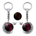 Detailed front and back views of silver Virgo zodiac rotating moon pendant keychain - Virgo