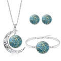 Artistic silver jewelry set featuring Van Gogh Almond Blossoms on moon pendant and earrings - Almond Blossoms Style (S7879-10)