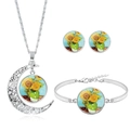 Silver jewelry set featuring Van Gogh Sunflowers art glass moon necklace and earrings - Orange Sunflowers Style (S7879-11)