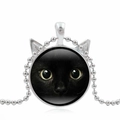 Süße schwarze Katzenhalskette mit gelben Augen und silbernen Katzenohren Anhänger - Katzenohr Schwarze Katze Muster Stil (S7623) / Silber
