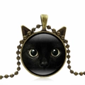 Vintage Bronze-Halskette mit Katzengesicht Anhänger, niedlichen Ohren und Kunstbild - Katzenohr Schwarze Katze Muster Stil (S7623) / Antikbronze