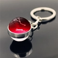 Macro shot of Cancer zodiac double-sided glass ball keychain with silver metal ring - Cancer